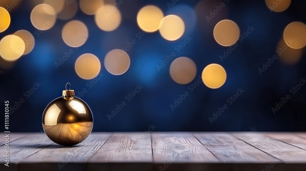 Festive Gold Ornament on Wooden Table  New Year s Eve Bokeh Lights Background