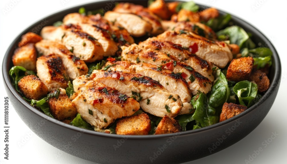 Grilled chicken salad with fresh vegetables, croutons, healthy meal, high-protein food, delicious lunch, nutritious bowl, appetizing dish, culinary inspiration, balanced diet Grilled chicken salad with fresh vegetables, croutons, healthy meal, high-protein food, delicious lunch, nutritious bowl, appetizing dish, culinary inspiration, balanced diet