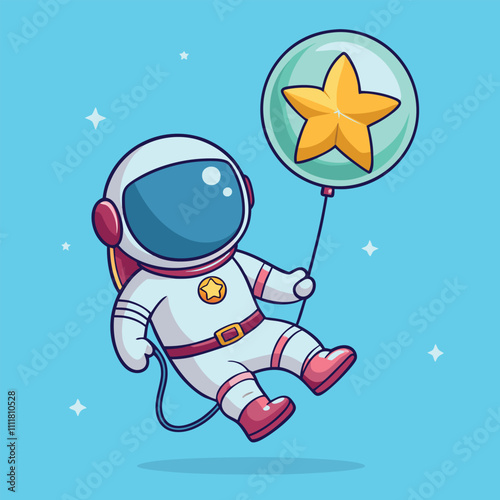 Cute Astronaut Floating with Star Balloon Vector Illustration. Cartoon Type