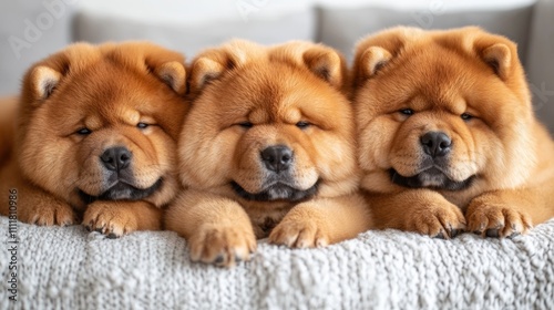 Three chow chow puppies lying close together on a cozy blanket, fluffy adorable dogs, cute pets, animal companionship, loyal breeds, heartwarming puppy portrait, indoor photography photo