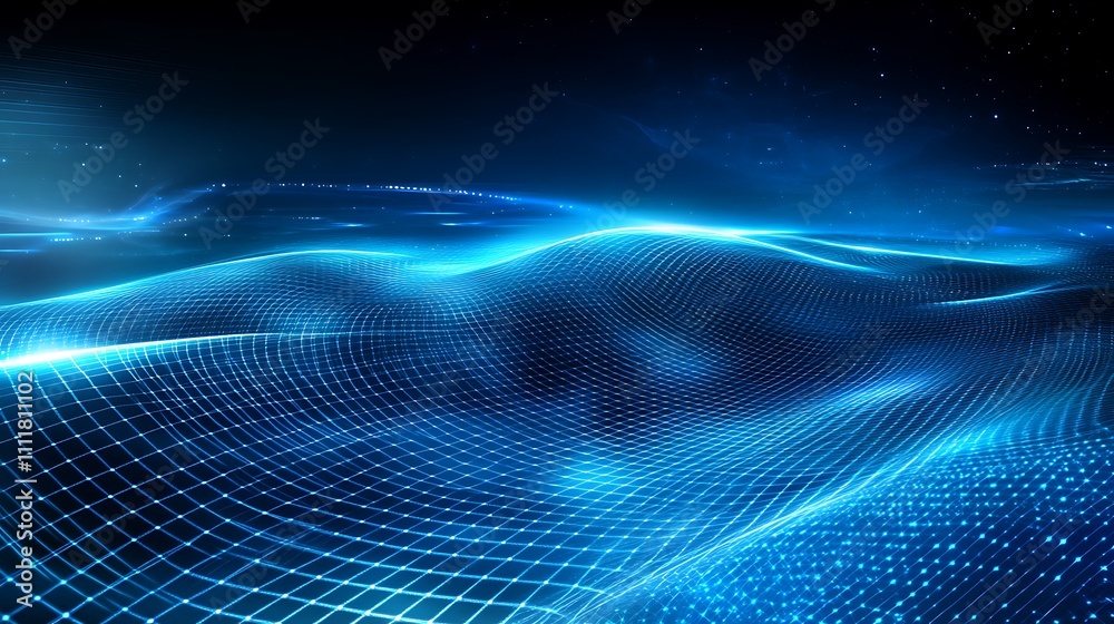Abstract Digital Landscape with Blue Light Waves and Grid Patterns in a Futuristic High-Tech Environment Abstract Digital Landscape with Blue Light Waves and Grid Patterns in a Futuristic High-Tech Environment