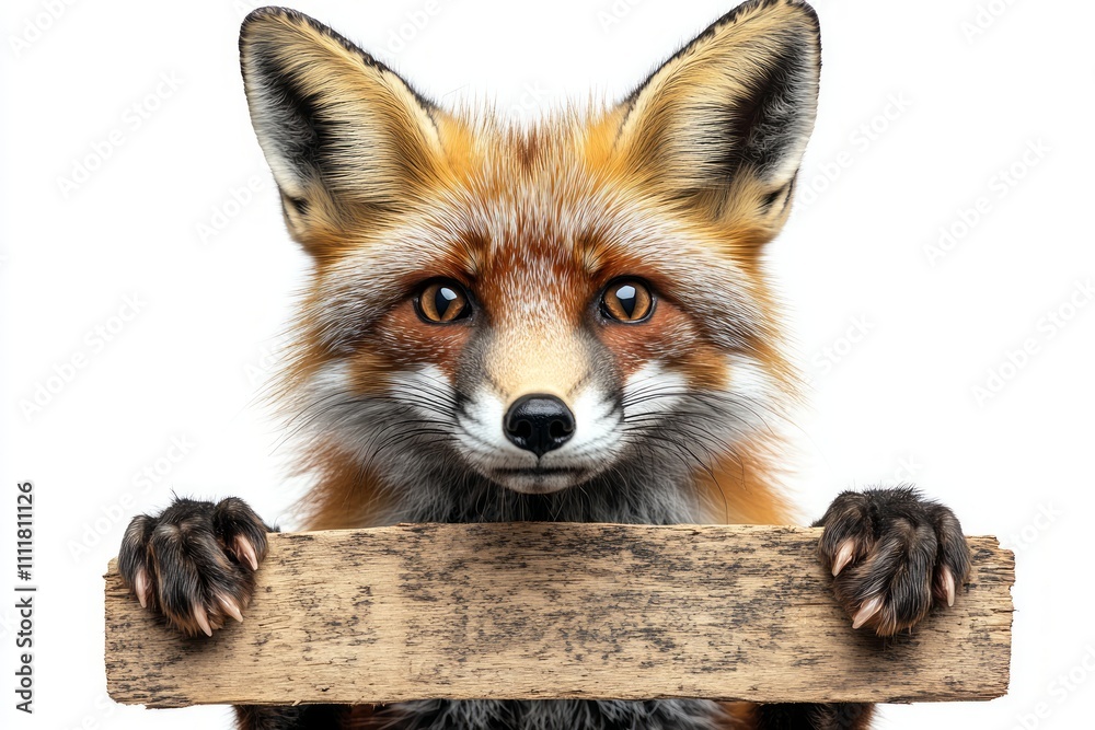 Obraz premium Captivating adult fox holding wooden sign nature reserve wildlife photography studio setting close-up view wild animals appeal