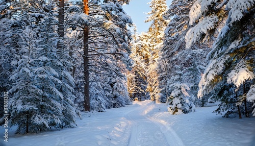 Enchanting Winter Forest Pathway Covered in Fresh White Snow photo