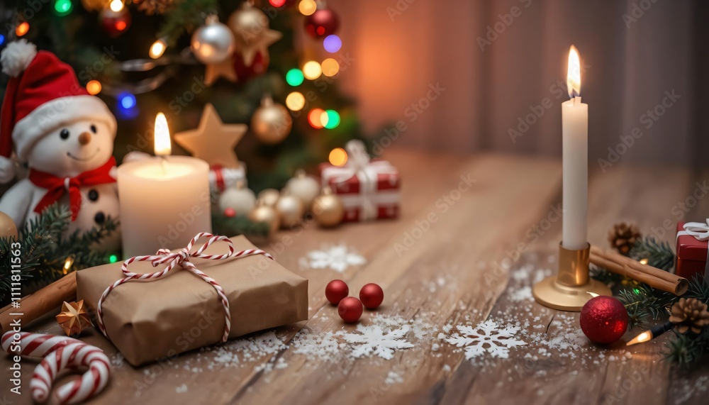 Festive holiday scene with candles and decorations Festive holiday scene with candles and decorations