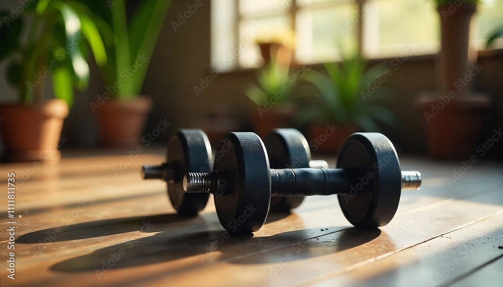 A pair of black dumbbells on a wooden floor, with a blurred background, Fitness room, created with generative ai A pair of black dumbbells on a wooden floor, with a blurred background, Fitness room, created with generative ai