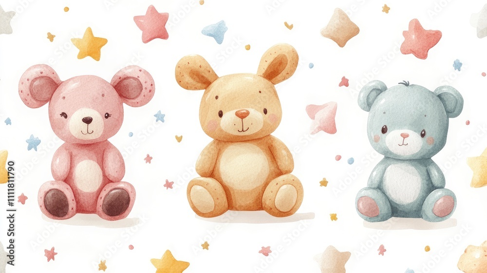 Obraz premium Cute illustrated teddy bears and stars, perfect for children's decor or products.