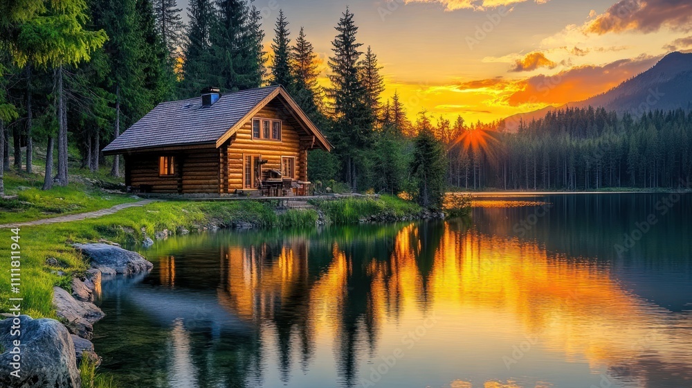 View on the mountains with a view of the Cabin on the edge of a calm lake at sunset. View on the mountains with a view of the Cabin on the edge of a calm lake at sunset.