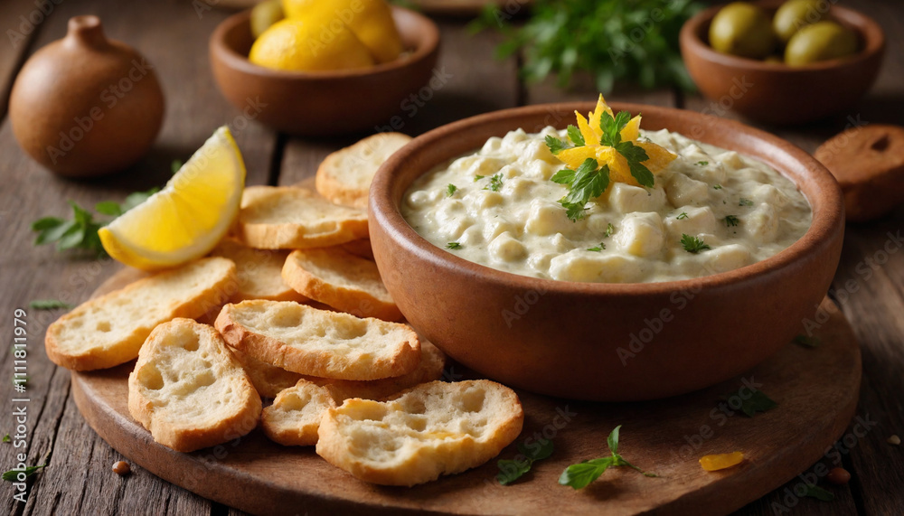 Taramosalata in rustic style in warm tones for Mediterranean appetizer Taramosalata in rustic style in warm tones for Mediterranean appetizer