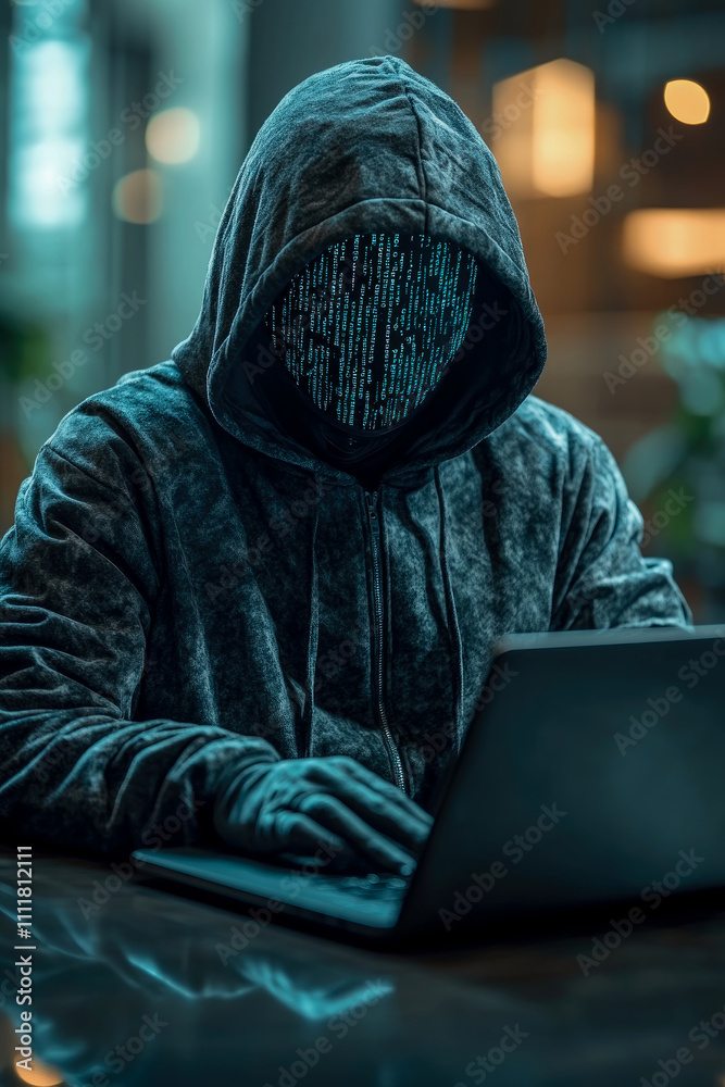 A cloaked figure sits focused on a laptop in a contemporary office setting, dimly lit by ambient lighting that enhances the mystery A cloaked figure sits focused on a laptop in a contemporary office setting, dimly lit by ambient lighting that enhances the mystery