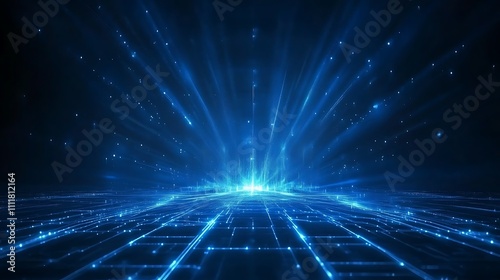 Abstract digital landscape with glowing blue rays and shimmering particles in a futuristic space environment