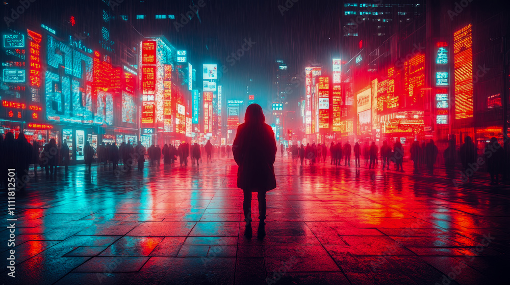 A person stands alone on a wet street, surrounded by glowing neon signs and bustling crowds in a lively urban setting at night A person stands alone on a wet street, surrounded by glowing neon signs and bustling crowds in a lively urban setting at night