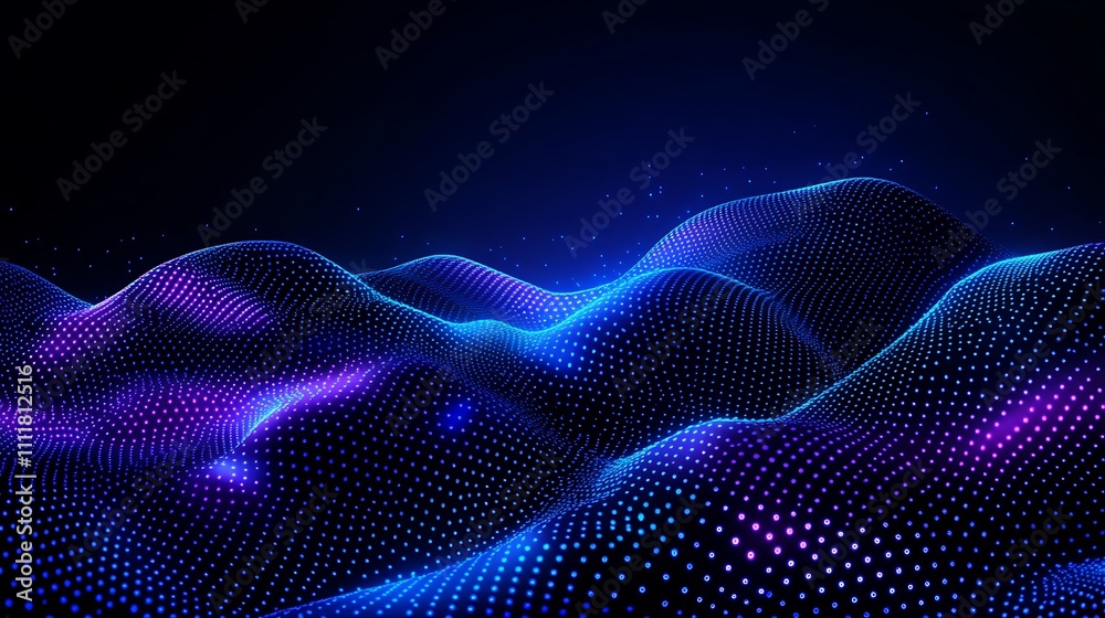 Fototapeta premium Abstract digital landscape with glowing dots and vibrant colors in a futuristic dark environment