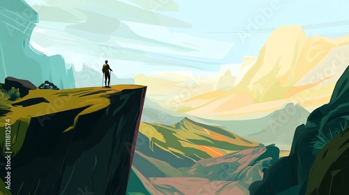 Lone Hiker Atop Rugged Mountain Cliff Gazing at Breathtaking Landscape Panorama photo