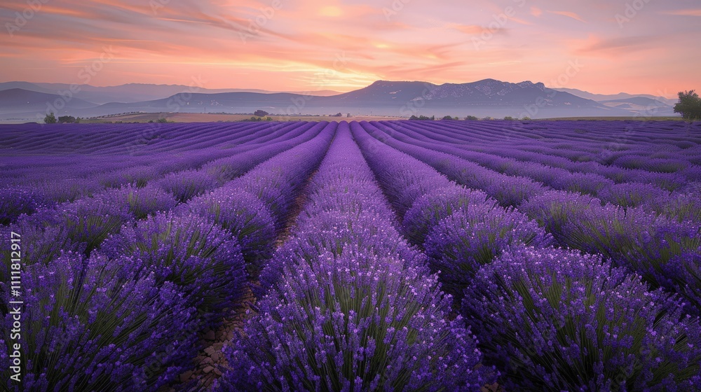 Fototapeta premium Scenic Lavender Fields Under Vibrant Sunrise Sky in Nature