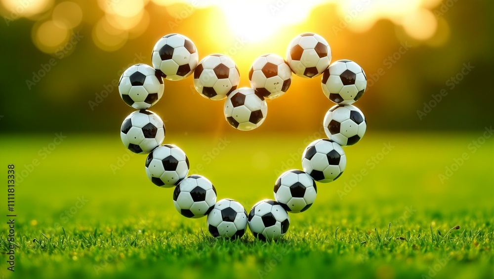 Heart-Shaped Arrangement of Soccer Balls on Sun-Kissed Grass Field - Sports Passion and Love Concept Heart-Shaped Arrangement of Soccer Balls on Sun-Kissed Grass Field - Sports Passion and Love Concept