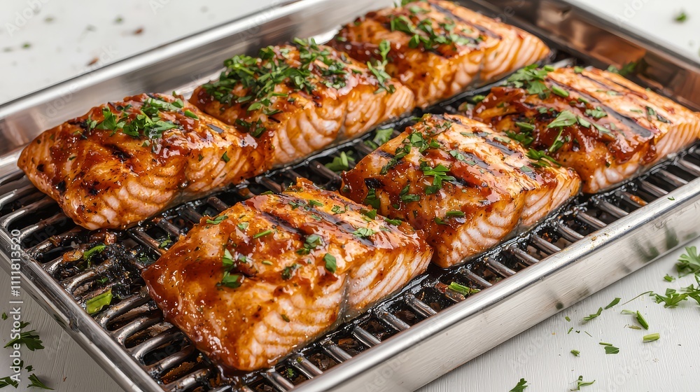 Grilled salmon fillets garnished with herbs, arranged on a tray, showcasing a delicious, healthy meal option. Grilled salmon fillets garnished with herbs, arranged on a tray, showcasing a delicious, healthy meal option.