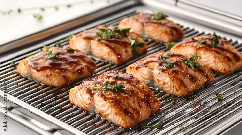 Grilled salmon fillets garnished with herbs, showcasing a delicious and healthy seafood dish on a wire rack. Grilled salmon fillets garnished with herbs, showcasing a delicious and healthy seafood dish on a wire rack.