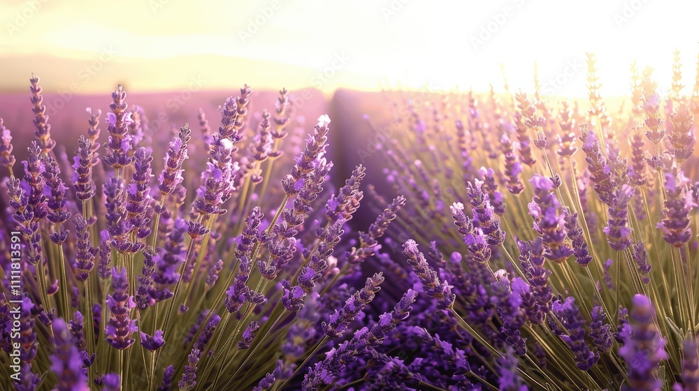 Obraz premium Lavender Fields at Sunset with Soft Golden Light in Nature