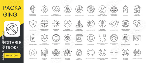 Set of vector linear icons with editable stroke of packaging properties, Airtightness and UV Protection, Water Resistance and Quality Certification, Recyclable