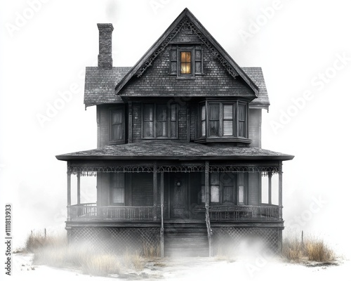 Spooky old Victorian haunted house in eerie foggy setting, dark gothic mansion, creepy atmosphere, ghostly ambiance, mysterious and abandoned architecture, vintage design photo