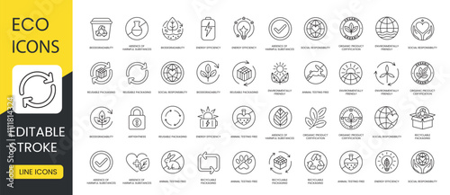 Set of vector linear icons with editable stroke of packaging properties Eco Friendly, Environmentally Friendly and Airtightness, Recyclable Packaging and Biodegradability, Reusable