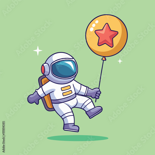 Cute Astronaut Floating with Star Balloon Vector Illustration. Cartoon Type