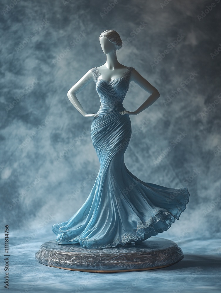 Mannequin statue in light blue dress in photo studio. Bridesmaid dress for party. Mannequin statue in light blue dress in photo studio. Bridesmaid dress for party.