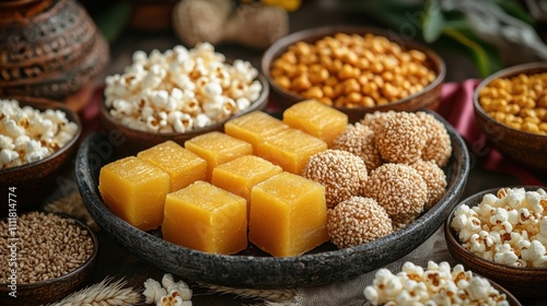 A vibrant flat-lay of Lohri essentials: jaggery blocks, sesame laddoos, popcorn, rewari, and sugarcane pieces photo