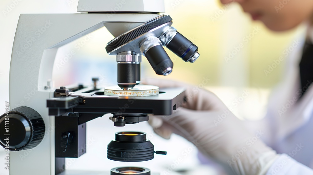 Close-up of microbiologist examining petri dish with salmonella bacteria under microscope, scientific investigation of outbreak, copy space for text or design. Close-up of microbiologist examining petri dish with salmonella bacteria under microscope, scientific investigation of outbreak, copy space for text or design.