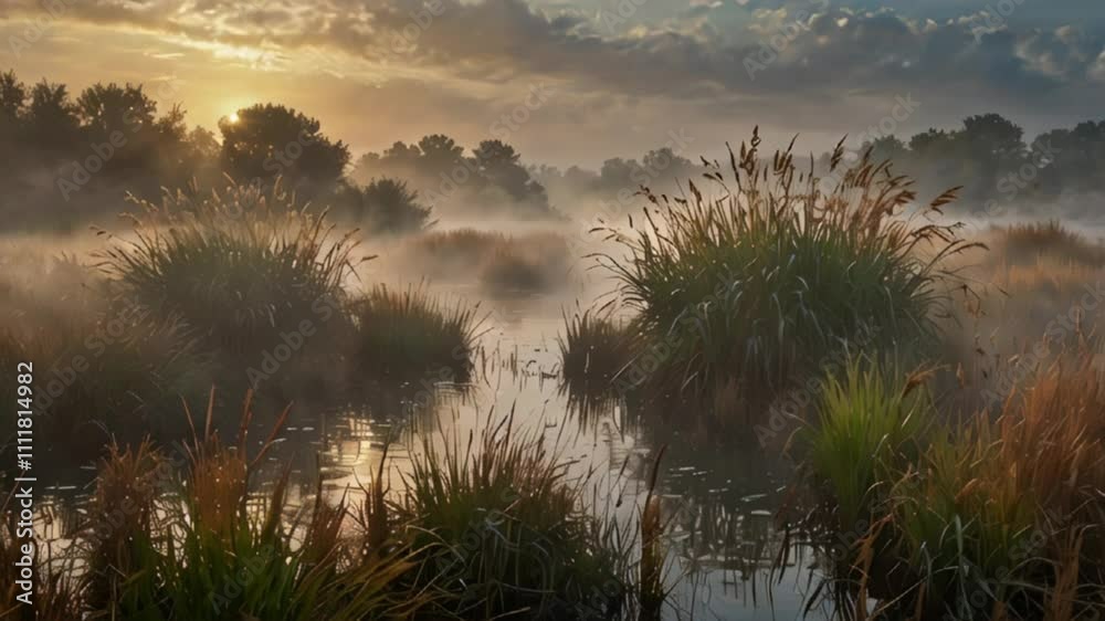 Nature Animation. Mist rolling over a field of reeds, adding mystery to the peaceful landscape. Serene and ethereal motion. Nature Animation. Mist rolling over a field of reeds, adding mystery to the peaceful landscape. Serene and ethereal motion.