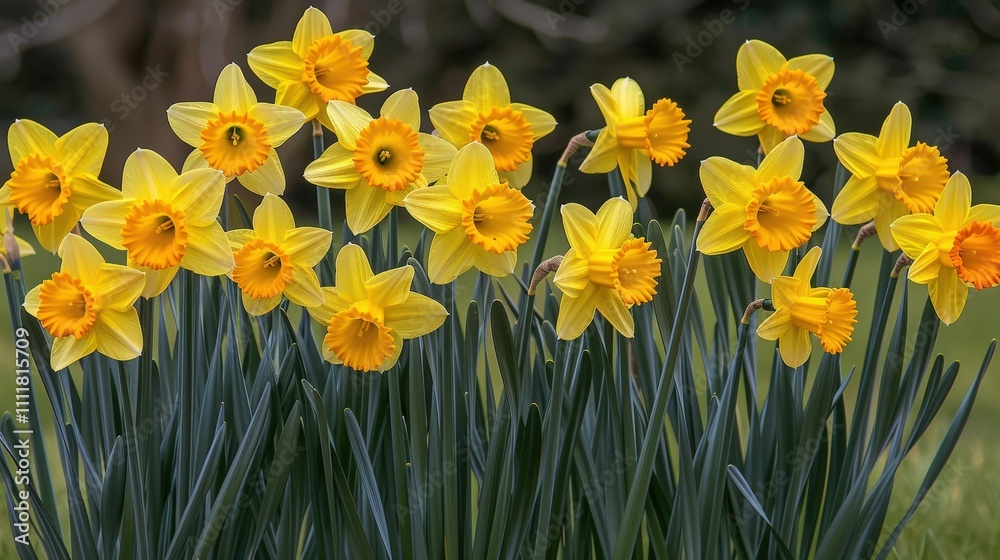 Fototapeta premium Vibrant Yellow Daffodils in Full Bloom Surrounded by Green Leaves