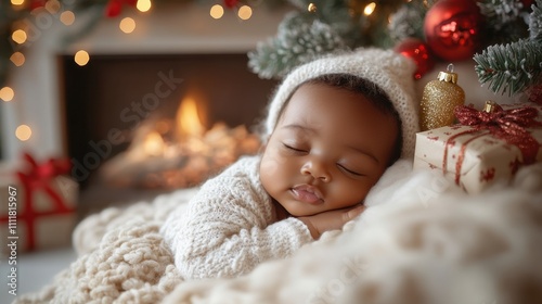 A serene nighttime scene: an african american newborn in a holiday-themed onesie and Christmas red hat lying in a crib next to a softly lit Christmas tree