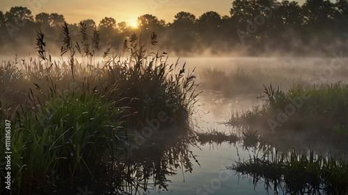 Nature Animation. Reeds standing in morning mist, with soft light of dawn creating a tranquil and peaceful atmosphere. Realistic motion. photo