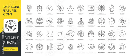Set of vector linear icons with editable stroke of Packaging Properties, Shelf Life and Environmentally Friendly, Airtightness and UV Protection, Water Resistance and Quality Certification, Shock