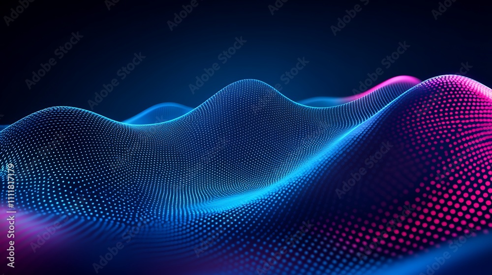 Fototapeta premium Abstract Digital Waves with Neon Highlights in Blue and Pink Colors Against a Dark Background
