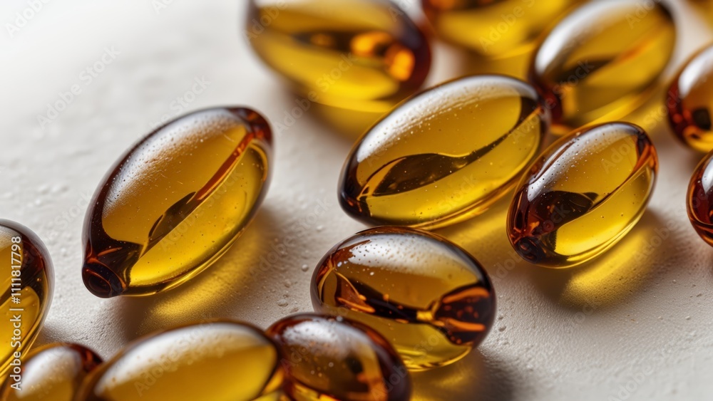 Fish oil soft gels with omega3 and vitami capsules on a vibrant background Fish oil soft gels with omega3 and vitami capsules on a vibrant background
