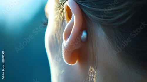 Close up Ear Piercing Woman s Earlobe Pearl Stud Skincare Beauty Detail Light Soft Hair Human photo