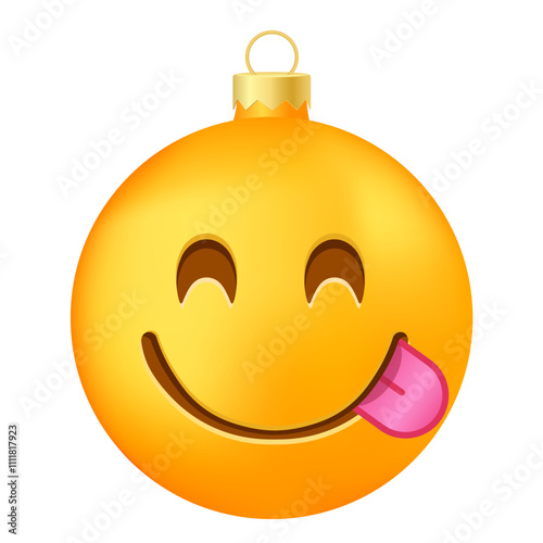 Emoji Christmas tree ball or toy with a face savoring a delicacy
