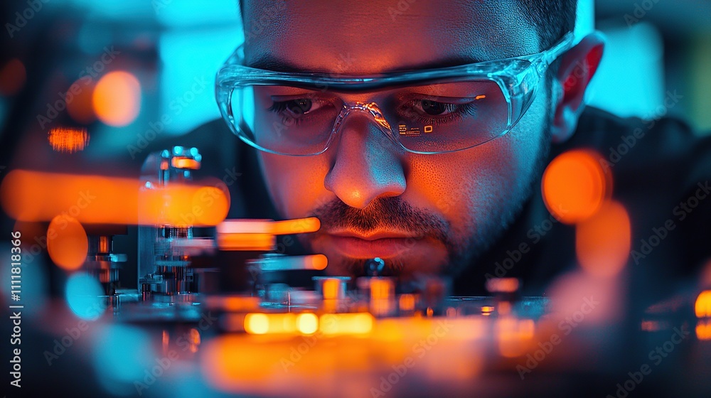 A focused scientist examines intricate machinery with protective eyewear. A focused scientist examines intricate machinery with protective eyewear.