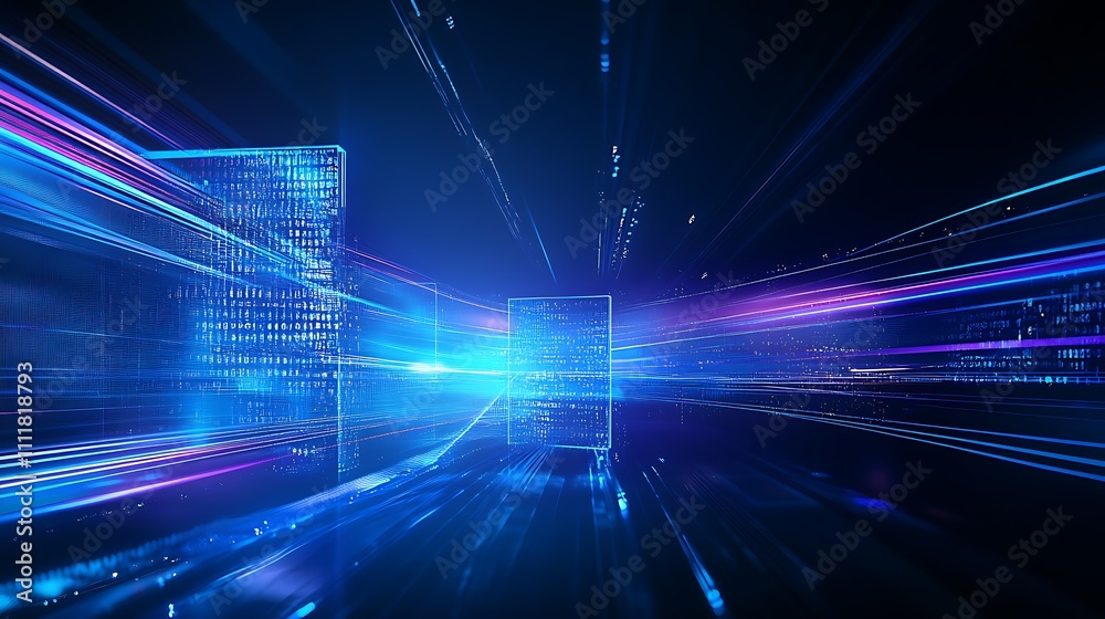 Abstract Futuristic Data Flow with Glowing Digital Blocks and Light Trails Representing Technology and Innovation Abstract Futuristic Data Flow with Glowing Digital Blocks and Light Trails Representing Technology and Innovation