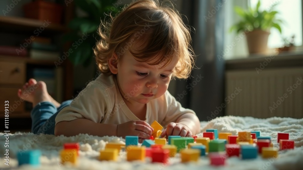 A child collects toy blocks while sitting in his room. A child collects toy blocks while sitting in his room.