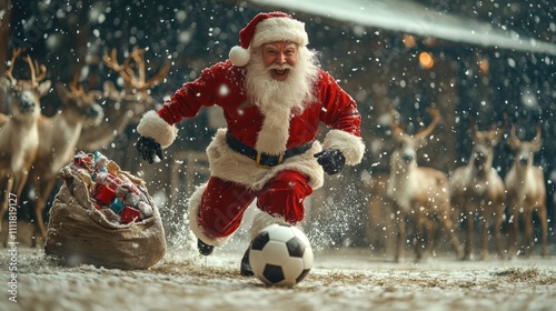 Santa Claus kicking a soccer ball in the snow, with reindeer watching from the sidelines, and a sack of gifts nearby  photo