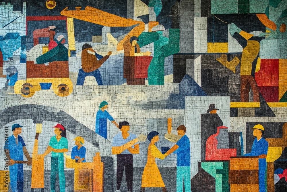 Obraz premium Colorful mosaic depicting workers and industrial scenes.