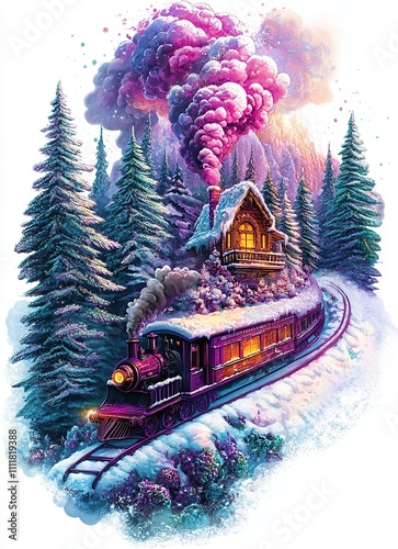 A colorful winter scene featuring a steam train passing a cozy cabin in the snow.