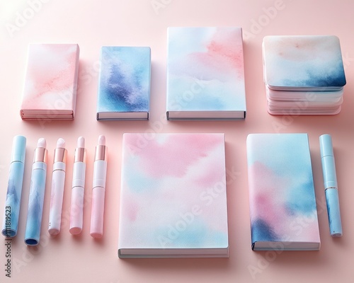 A collection of pastel stationery items including notebooks and writing tools. photo