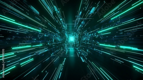 Abstract Futuristic Digital Tunnel with Glowing Lights and Data Flowing in a High-Tech Environment