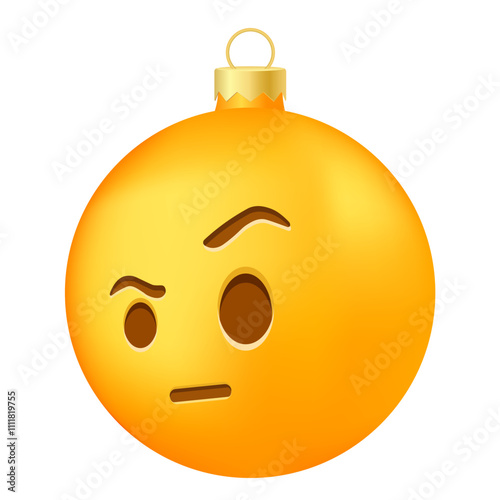 Emoji Christmas tree ball or toy with one eyebrow raised face