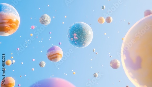 Pastel Planets Float In A Bright Blue Sky