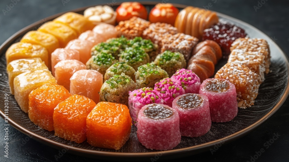 Delicious varieties of rahat lukum displayed in an elegant plate against a dark background Delicious varieties of rahat lukum displayed in an elegant plate against a dark background
