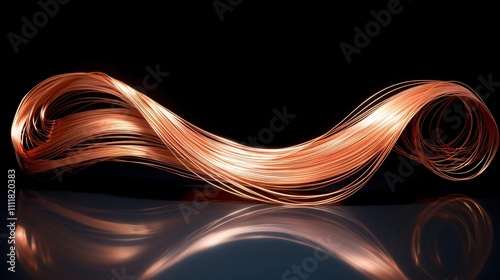 Visually striking composition of twisted copper wires arranged in an pattern on a glossy black reflective surface creating a captivating industrial and technological design photo